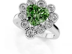 Fancy Green Heart Cut Diamond Cluster Halo Ring Set in Platinum with Milgrain Bezel Accents and Plain Band