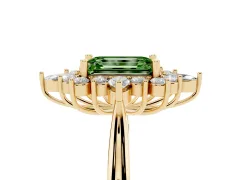 Fancy Green Emerald Cut Diamond Cluster Halo Ring Set in Yellow gold with Marquise and Round Accents