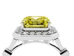 Fancy Yellow Asscher Cut Diamond Halo Engagement Ring Set in Platinum with Twisted Band and Prong Setting