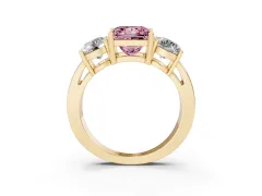 Fancy Pink Princess Cut Diamond Three-Stone Ring Set in Yellow gold with Round Side Stones and Classic Band