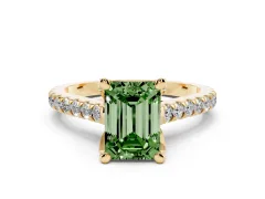 Fancy Green Emerald Cut Diamond Solitaire Ring Set in Yellow gold with Brilliant Pavé Band and Prong Setting