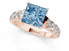 Fancy Blue Princess Cut Diamond Solitaire Ring Set in Rose gold with Cut-Down Micro Pavé Band and Prong Setting