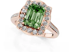 Fancy Green Emerald Cut Diamond Halo Ring Set in Rose gold with Pavé-Lined Shoulders and Prong Setting