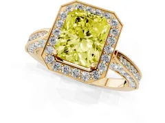 Fancy Yellow Radiant Cut Diamond Halo Engagement Ring Set in Yellow gold with Accent Split Shank Band