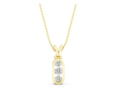 Three-Stone Round Diamond Bezel Pendant Set in Yellow gold with Vertical Metal Frame
