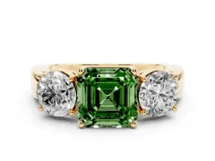 Fancy Green Asscher Cut Diamond Three-Stone Ring Set in Yellow gold with Round Side Stones and Classic Band