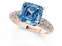 Fancy Blue Asscher Cut Diamond Pavé Band Solitaire Ring Set in Rose gold with Close-Set Accent Stones and Prong Setting