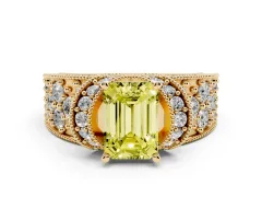 Fancy Yellow Emerald Cut Diamond Milgrain Halo Pavé Engagement Ring Set in Yellow gold with Prong Setting