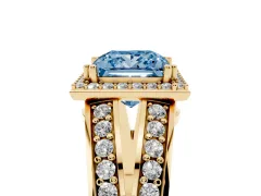 Fancy Blue Princess Cut Diamond Halo Ring Set in Yellow gold with Double Pavé Split Shank