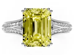 Fancy Yellow Emerald Cut Diamond Split Shank Pavé Engagement Ring Set in White gold with Prong-Set Center Stone