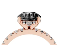 Fancy Black Round Cut Diamond Pavé Solitaire Ring Set in Rose gold with Round Band Accents and Prong Setting