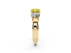 Fancy Yellow Cushion Cut Diamond Three-Stone Ring Set in Yellow gold with Round Side Stones and Classic Band