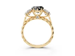 Fancy Black Heart Cut Diamond Three-Stone Ring Set in Yellow gold with Braided Band