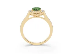 Fancy Green Emerald Cut Diamond Halo Ring Set in Yellow gold with Pavé-Lined Shoulders and Prong Setting