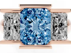 Fancy Blue Radiant Cut Diamond Three-Stone Channel Set Ring Set in Rose gold with Smooth Polished Band