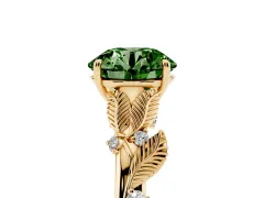 Fancy Green Round Cut Diamond Solitaire Ring Set in Yellow gold with Leaf Motif Band