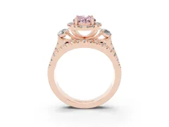 Fancy Pink Oval Cut Diamond Halo Split Shank Ring Set in Rose gold with Round Accent Stones and Prong Setting
