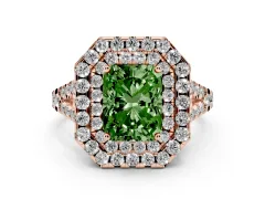 Fancy Green Radiant Cut Diamond Double Halo Ring Set in Rose gold with Pavé Split Shank and Prong Setting