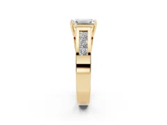 Emerald Cut Diamond Solitaire Ring Set in Yellow gold with Channel-Set Accent Stones and Prong Setting