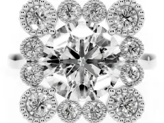 Round Cut Diamond Cluster Halo Ring Set in White gold with Milgrain Bezel Accents and Plain Band