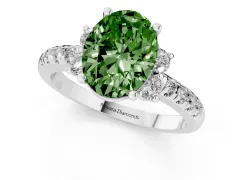 Fancy Green Oval Cut Diamond Three-Stone Pavé Ring Set in Platinum with Prong Setting