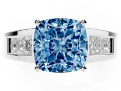 Fancy Blue Cushion Cut Diamond Solitaire Ring Set in White gold with Channel-Set Accent Stones and Prong Setting