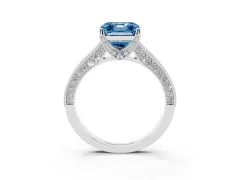 Fancy Blue Asscher Cut Diamond Solitaire Ring Set in White gold with Milgrain-Edged Pavé Band and Prong Setting