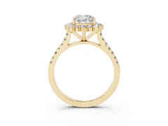 Cushion Cut Diamond Halo Ring Set in Yellow gold with Pavé Band and Prong Setting