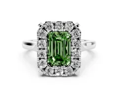 Fancy Green Emerald Cut Diamond Cluster Halo Solitaire Ring Set in Platinum with Prong Setting