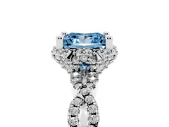 Fancy Blue Princess Cut Diamond Halo Twist Band Solitaire Ring Set in Silver with Prong-Set Center Stone