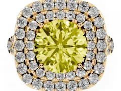 Fancy Yellow Round Cut Diamond Double Halo Ring Set in Yellow gold with Pavé Split Shank and Prong Setting