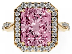 Fancy Pink Radiant Cut Diamond Halo Twist Band Solitaire Ring Set in Yellow gold with Prong Setting