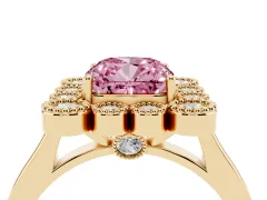 Fancy Pink Cushion Cut Diamond Cluster Halo Ring Set in Yellow gold with Milgrain Bezel Accents and Plain Band