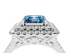 Fancy Blue Asscher Cut Diamond Double Halo Ring Set in Platinum with Pavé Split Shank and Prong Setting