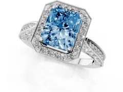 Fancy Blue Radiant Cut Diamond Halo Engagement Ring Set in Silver with Accent Split Shank Band