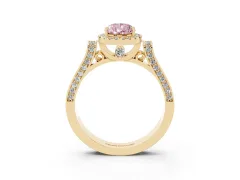 Fancy Pink Pear Cut Diamond Halo Ring Set in Yellow gold with Pavé-Lined Split Shank Band