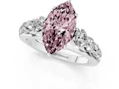 Fancy Pink Marquise Cut Diamond Solitaire Ring Set in Platinum with Pavé-Set Band and Prong Setting