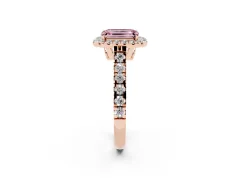 Fancy Pink Emerald Cut Diamond Halo Engagement Ring Set in Rose gold with Pavé Band and Prong-Set Center