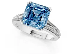 Fancy Blue Asscher Cut Diamond Split Shank Pavé Engagement Ring Set in Platinum with Prong-Set Center Stone