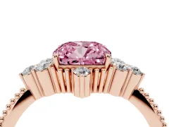 Fancy Pink Cushion Cut Diamond Cluster Ring Set in Rose gold with Beaded Band