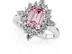 Fancy Pink Emerald Cut Diamond Cluster Halo Ring Set in Silver with Marquise and Round Accents