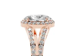 Oval Cut Diamond Halo Split Shank Pavé Ring Set in Rose gold with Prong Setting