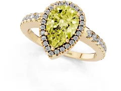 Fancy Yellow Pear Cut Diamond Halo Ring Set in Yellow gold with Pavé Shoulders and Halo-Framed Center