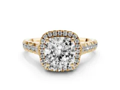 Cushion Cut Diamond Halo Engagement Ring Set in Yellow gold with Pavé Band and Prong-Set Center