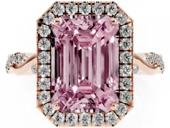 Fancy Pink Emerald Cut Diamond Halo Twist Band Solitaire Ring Set in Rose gold with Prong Setting