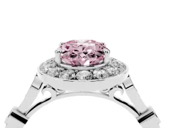 Fancy Pink Oval Cut Diamond Halo Engagement Ring Set in Platinum with Twisted Band and Prong Setting