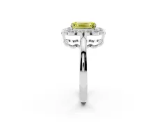 Fancy Yellow Emerald Cut Diamond Halo Cluster Engagement Ring Set in White gold with Solitaire Band and Prong Setting