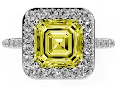 Fancy Yellow Asscher Cut Diamond Halo Engagement Ring Set in Silver with Round Pavé Shoulders and Heart Gallery
