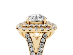 Round Cut Diamond Double Halo Ring Set in Yellow gold with Pavé Split Shank and Prong Setting