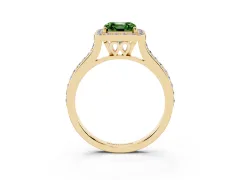 Fancy Green Asscher Cut Diamond Halo Engagement Ring Set in Yellow gold with Round Pavé Shoulders and Heart Gallery
